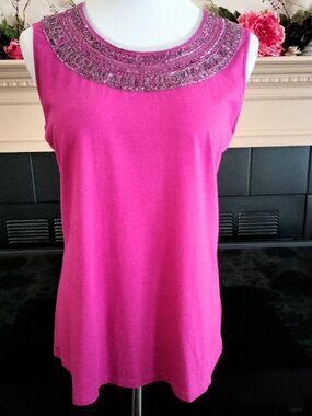 Coldwater Creek Knit Top L 14 Fuschia Pink Sleeveless Beaded Sequin Neckline